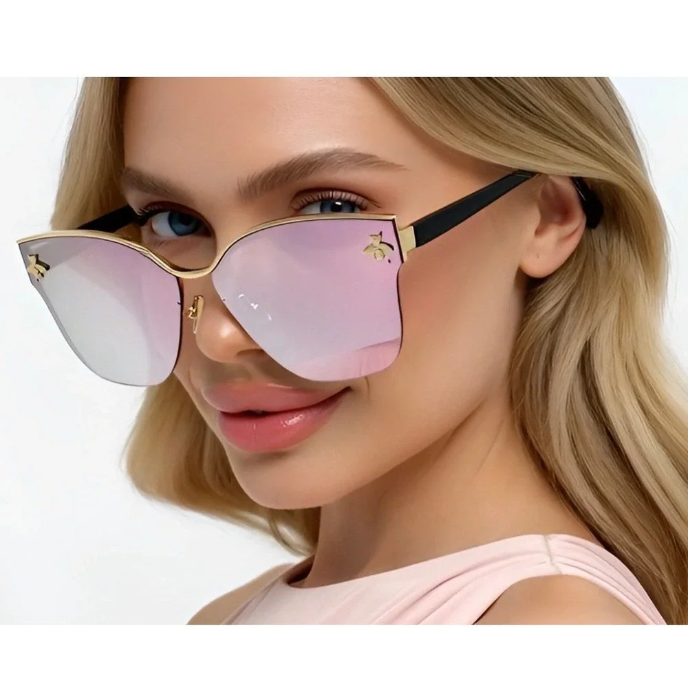 Oversized Sunglasses Pink Mirror Flat Lens‎ Fashion Rimless Shield Women Cat Eye